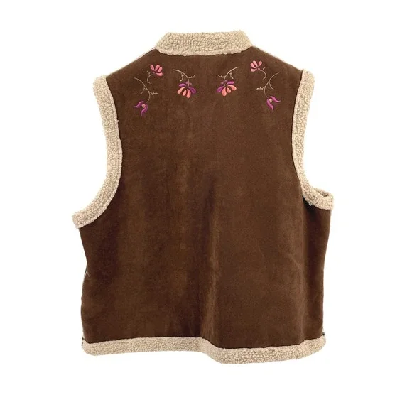 Relativity Womens Large Pre-Owned Faux Suede Brown Embroidered Sherpa Lined Vest - Picture 7 of 17